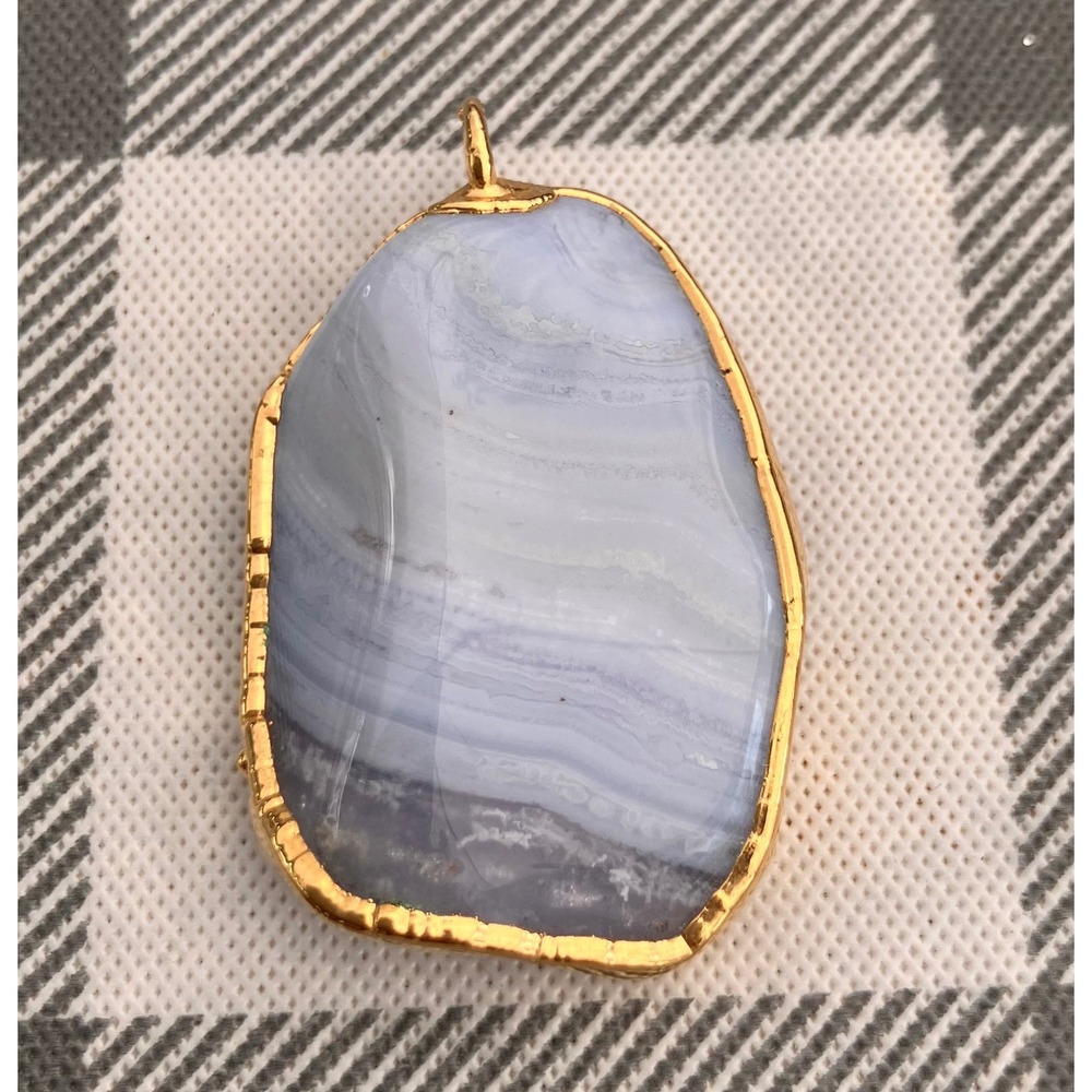 Blue Lace Agate Necklace Pendant Women OS Blue Gold Tone Raw Edge Slice